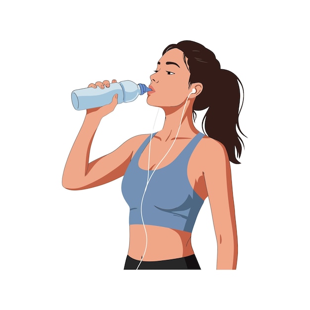 Mujer joven bebiendo agua mientras escucha música en arte vectorial plano
