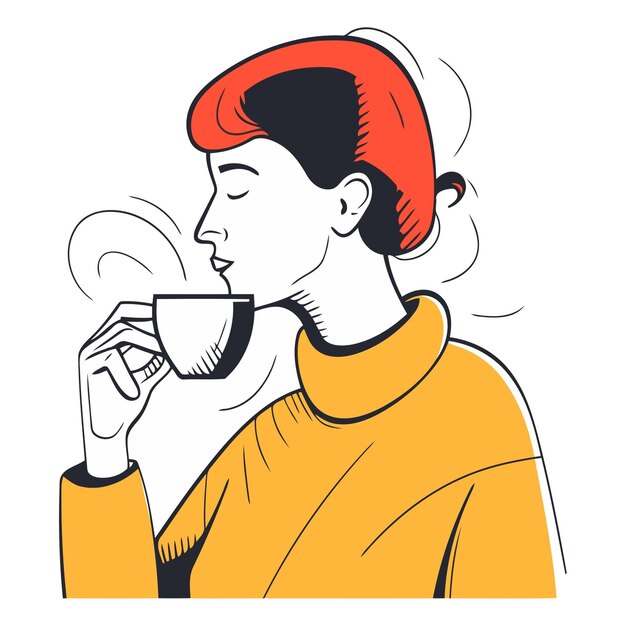 Mujer joven bebiendo café de una taza al estilo de dibujos animados