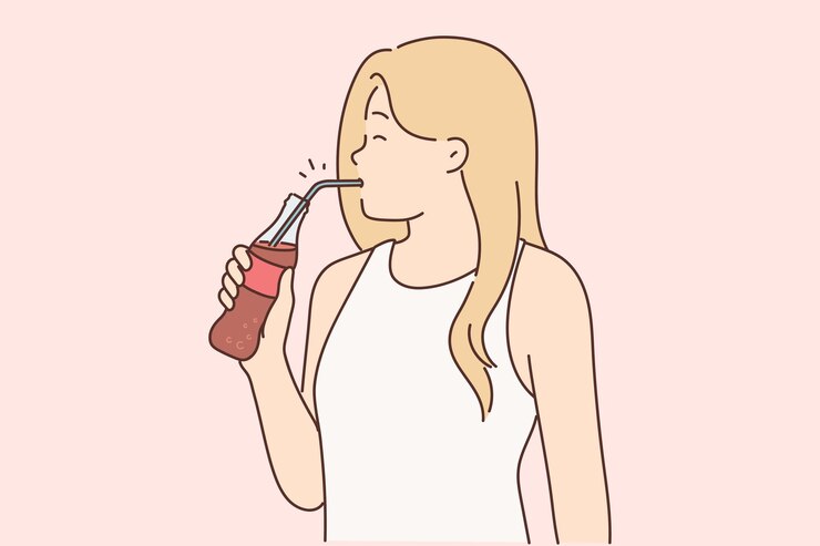 Vector mujer joven bebiendo refrescos de una botella con paja disfrutando de una bebida fría vigorizante