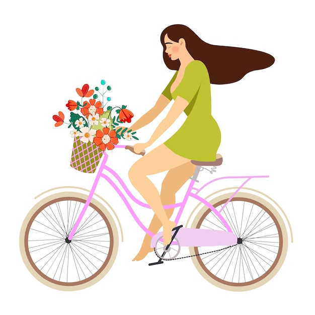 Mujer joven en bicicleta con cesta de flores. ilustración aislada plana
