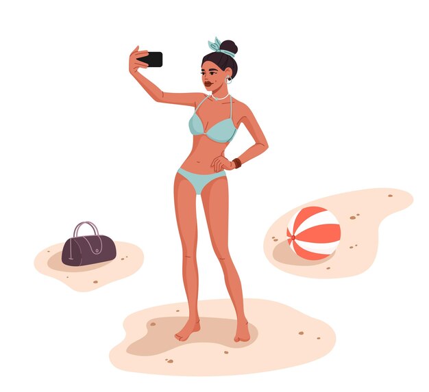 Vector mujer joven, en, biquini, teniendo, selfie, en, playa