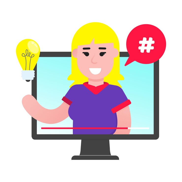 Vector mujer joven blogger en la pantalla de video medios sociales videoblogging