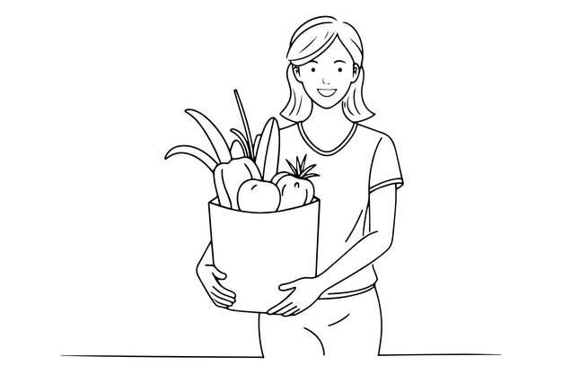 Mujer joven bolsa de compras de comestibles con verduras en casa ilustración vectorial de arte de línea continua