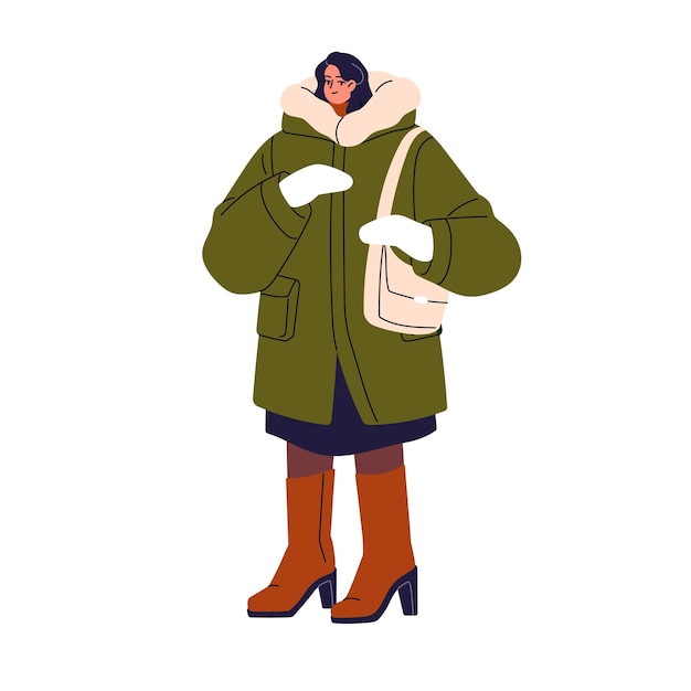Mujer joven con bolsa con ropa de exterior en invierno Chica linda con abrigo de parka guantes de lana de punto botas altas en invierno Persona con ropa cálida traje ilustración vectorial aislada plana en blanco
