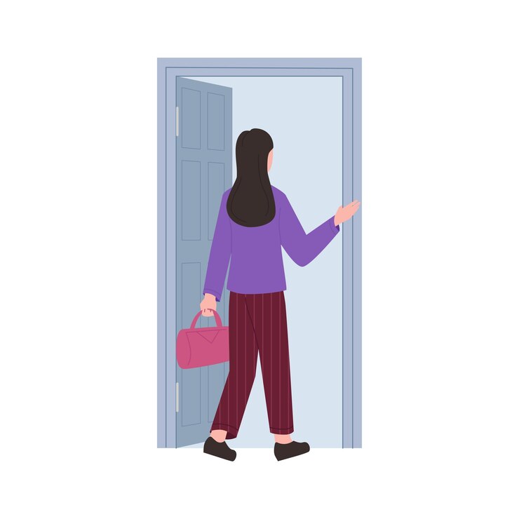 Vector mujer joven con bolsa saliendo por la puerta gris para salir de la habitación vista trasera