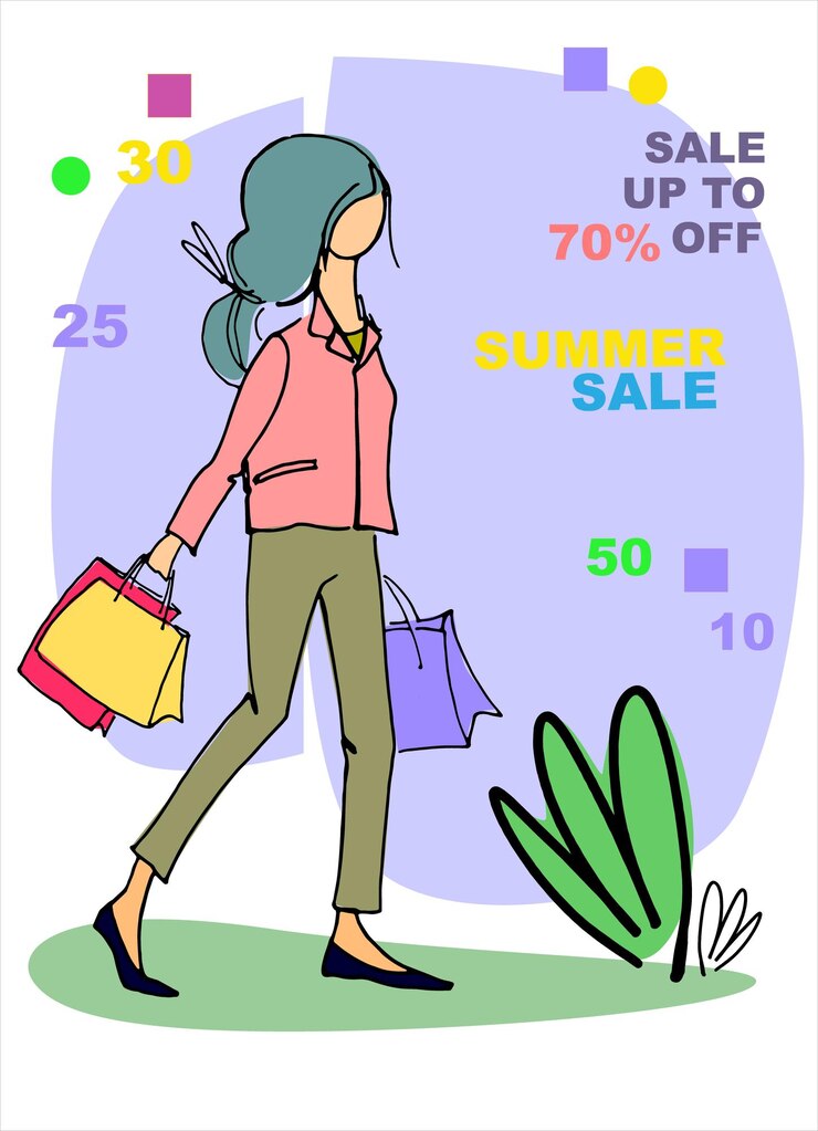 Vector mujer joven con bolsas de compras ilustración vectorial dibujada a mano con carteles de venta multicolores en la parte posterior concepto de venta minorista de compras elemento de diseño aislado en fondo blanco