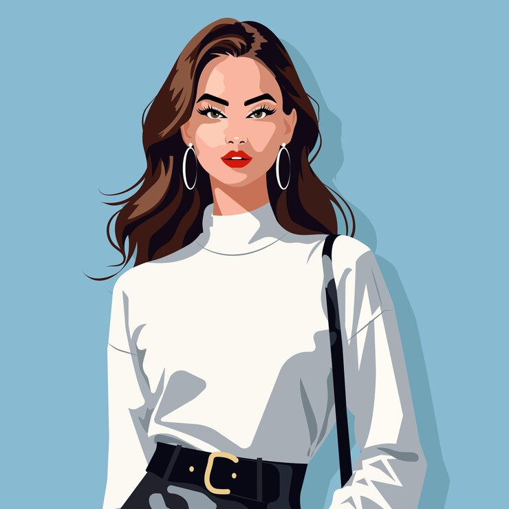 Vector una mujer joven y bonita con cómodos calcetines blancos hasta las rodillas y una falda de cuero con un cinturón vector