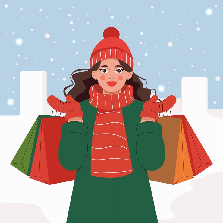 Vector mujer joven y bonita con ropa cálida de invierno con paquetes en sus manos vector de diseño plano