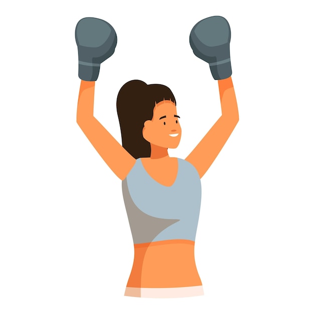 Mujer joven boxeadora celebrando la victoria levantando los brazos con guantes de boxeo