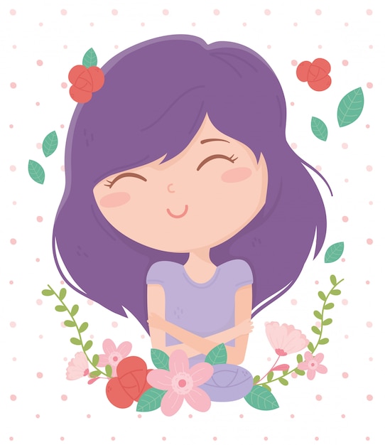 Mujer joven brazos cruzados pelo púrpura flores dibujos animados