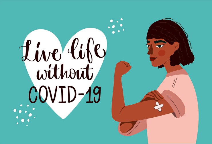 Vector mujer joven con cabello castaño rizado que muestra el brazo vacunado con parche caligrafía dibujada a mano de vive la vida sin covid19