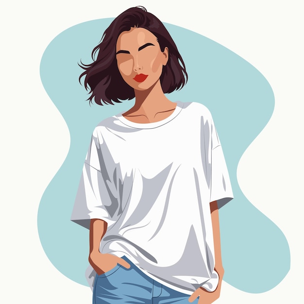 mujer joven con cabello corto con una cómoda camiseta de gran tamaño y pantalones cortos