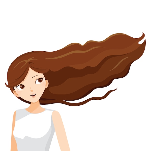 Vector mujer joven con cabello largo castaño ondeando al viento