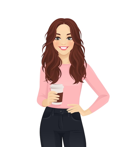Mujer joven con cabello largo en ropa de estilo casual con taza de café ilustración vectorial aislada