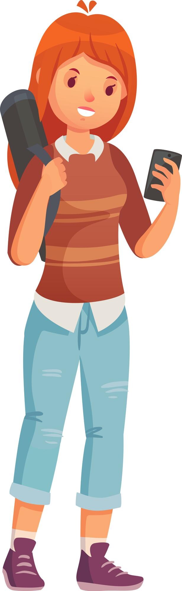 Vector mujer joven de cabello rojo vestida con ropa casual sosteniendo una alfombra de yoga enrollada y usando un teléfono inteligente que sugiere un estilo de vida saludable y conectado