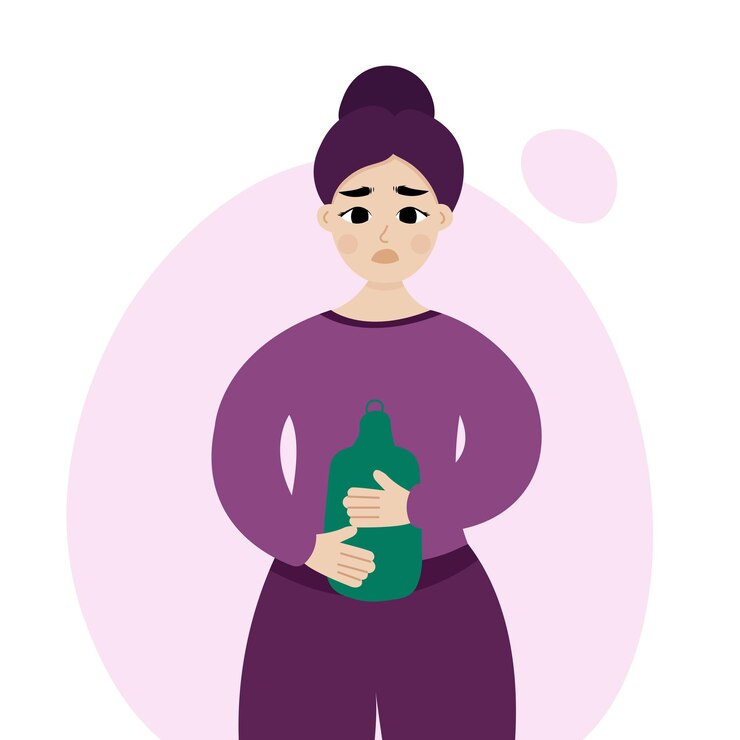 Vector mujer joven calentando el estómago y sintiendo dolor concepto de menstruación dolorosa intoxicación alimentaria dolor de estómago