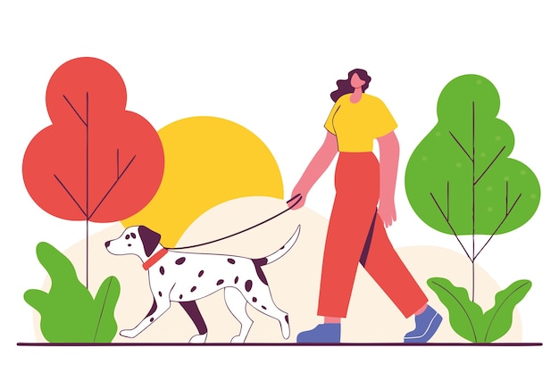 Mujer joven camina en un parque de la ciudad con su perro dálmata Ilustración plana de Vector