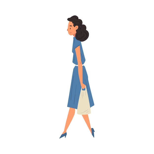 Mujer joven caminando con una bolsa de compras mujer compradora comprando en el mercado ilustración vectorial