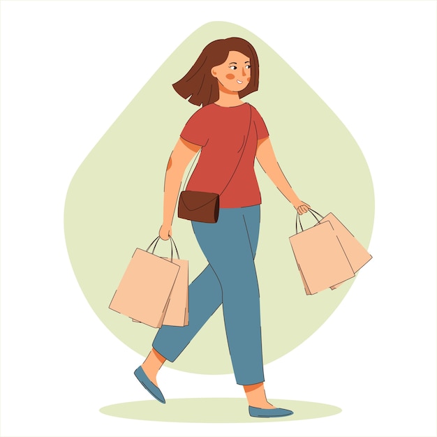 Mujer joven caminando con bolsa de compras. vector