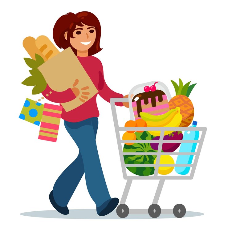 Vector mujer joven caminando con un carrito de supermercado lleno de comestibles vector de estilo plano