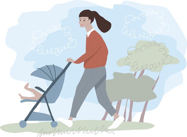 Mujer joven caminando con un cochecito ligero Madre e hijo caminan en el parque en