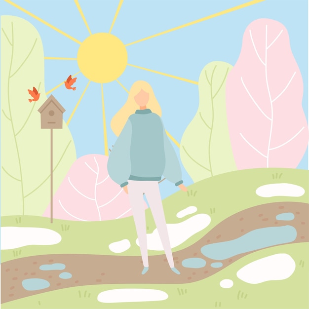 Mujer joven caminando en el parque de primavera Cambio de temporada De invierno a primavera Ilustración vectorial en estilo plano