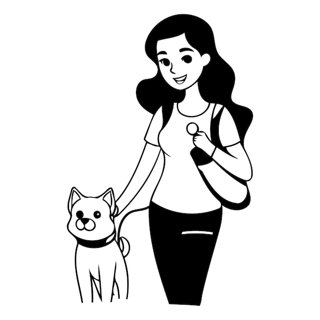 Vector mujer joven caminando con el perro en el parque ilustración vectorial plana