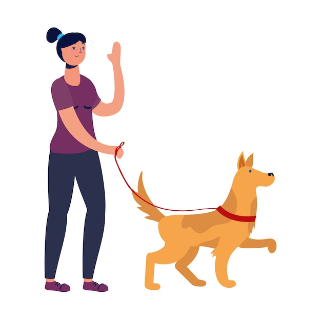 Mujer joven caminando con perro practicando actividad.