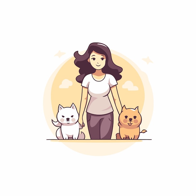 Vector mujer joven caminando con su gato ilustración vectorial en estilo de dibujos animados