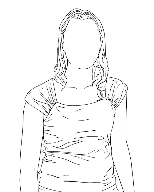 Mujer joven, en, camiseta sin mangas, con, pelo largo, garabato, lineal, caricatura