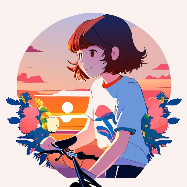 Vector mujer joven caricatura linda montando una bicicleta con flores