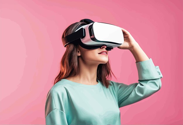 mujer joven con casco de realidad virtual contra fondo azulmujer joven con casco de realidad virtual