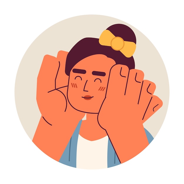 Mujer joven caucásica con las manos en las mejillas sonriendo ilustración de avatar vectorial 2D chica blanca con la cara feliz retrato facial de personaje de dibujos animados enamorado imagen de perfil de usuario de color plano aislada en blanco