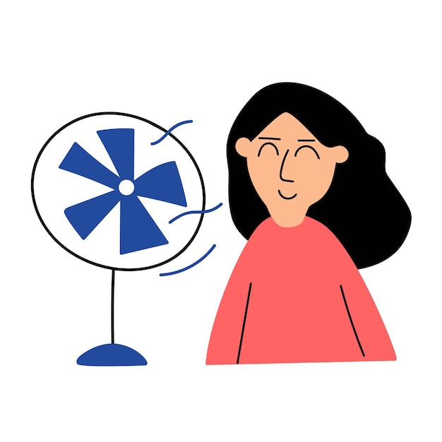 Mujer joven cerca de ventilador en día de verano. ilustración sobre fondo blanco.