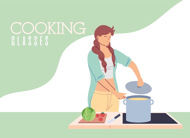 Mujer joven en clases de cocina, diseño de ilustraciones