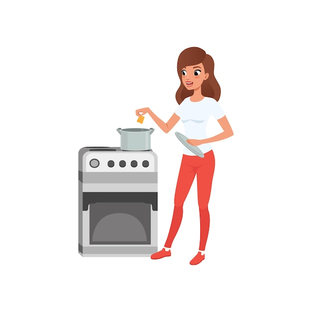 Mujer joven, cocina, en, el, cocina, gente, actividad, diario, rutina, vector, ilustración, en, un, fondo blanco