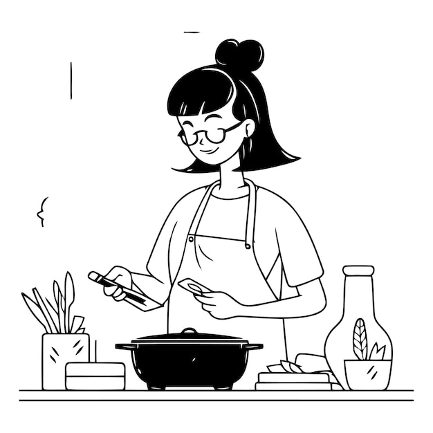 Vector mujer joven cocinando en la cocina al estilo de dibujos animados