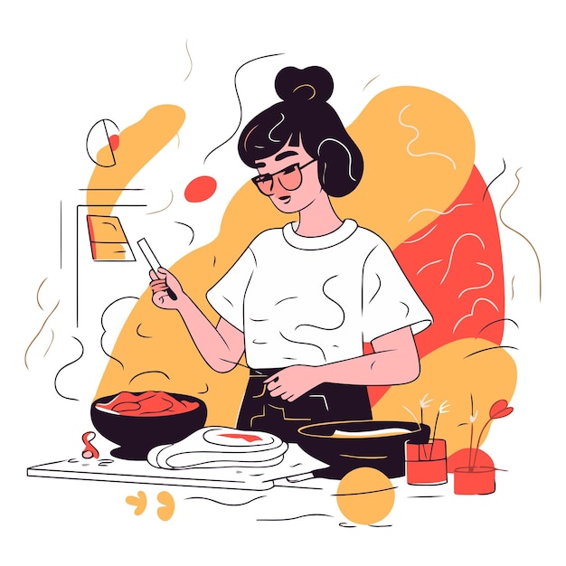 Vector mujer joven cocinando en la cocina al estilo de dibujos animados