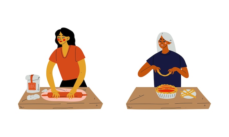 Vector mujer joven cocinando en la cocina rodando la masa y decorando el conjunto vectorial de pastelería