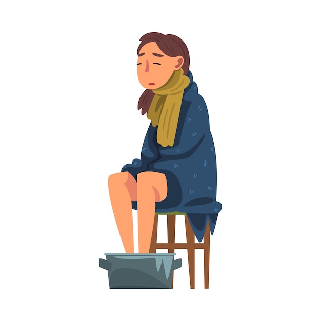 Mujer joven coge el resfriado Niña enferma sentada bajo una acogedora alfombra calentando sus pies en una bañera con agua caliente Ilustración vectorial de dibujos animados