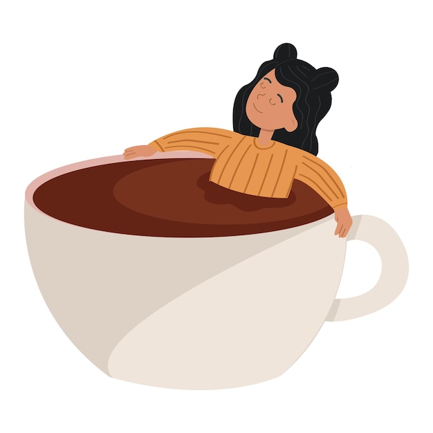 Mujer joven, colocar, en, un, grande, taza de café