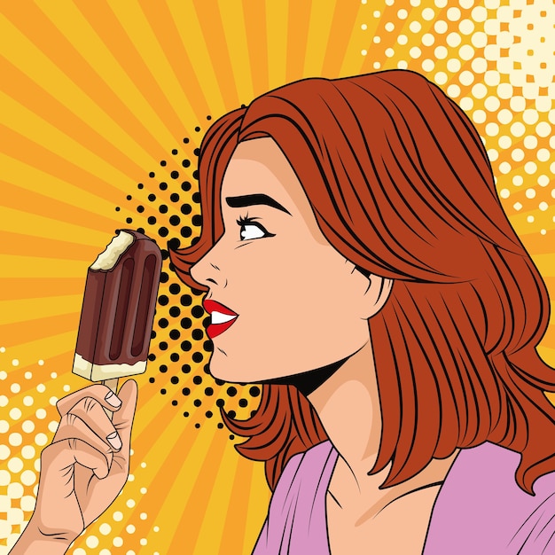 Mujer joven comiendo helado estilo pop art