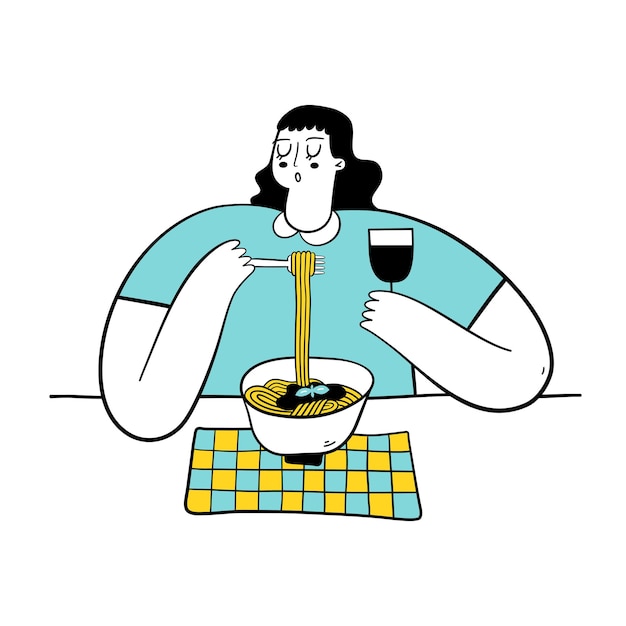 Mujer joven comiendo pasta y bebiendo vino