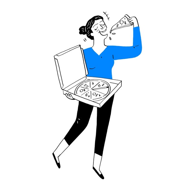 Mujer joven comiendo pizza estilo doodle de arte de línea de ilustración vectorial dibujado a mano