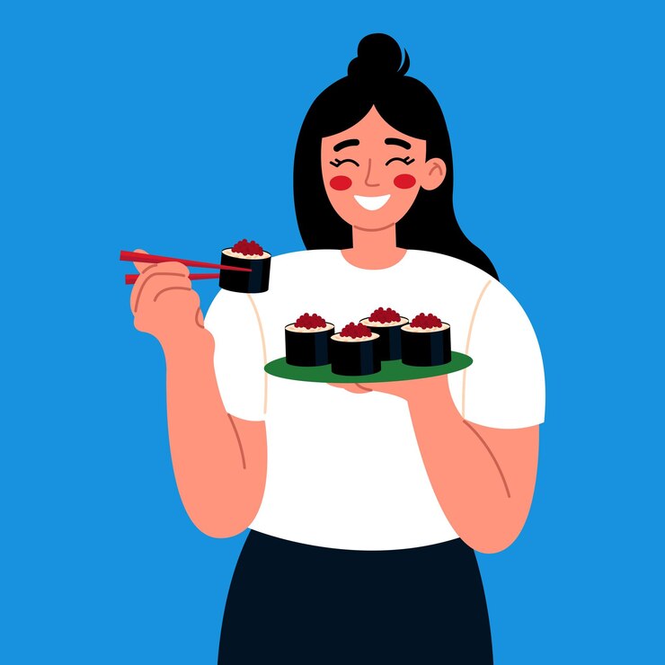 Vector mujer joven comiendo sushi con palillos aislado sobre fondo azul.