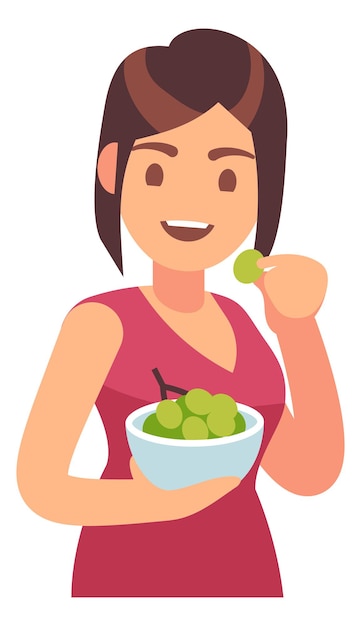 Vector mujer joven comiendo uvas. nutrición de alimentos saludables aislado sobre fondo blanco.