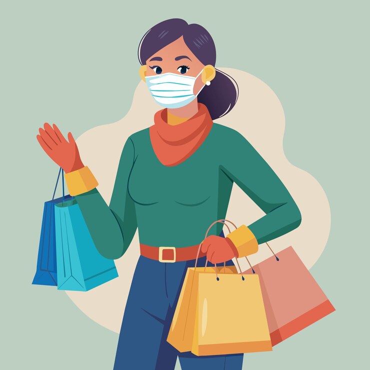 Vector mujer joven compradora manos con guantes máscara facial