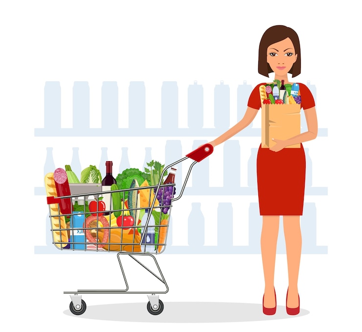 Vector mujer joven para compras de comestibles