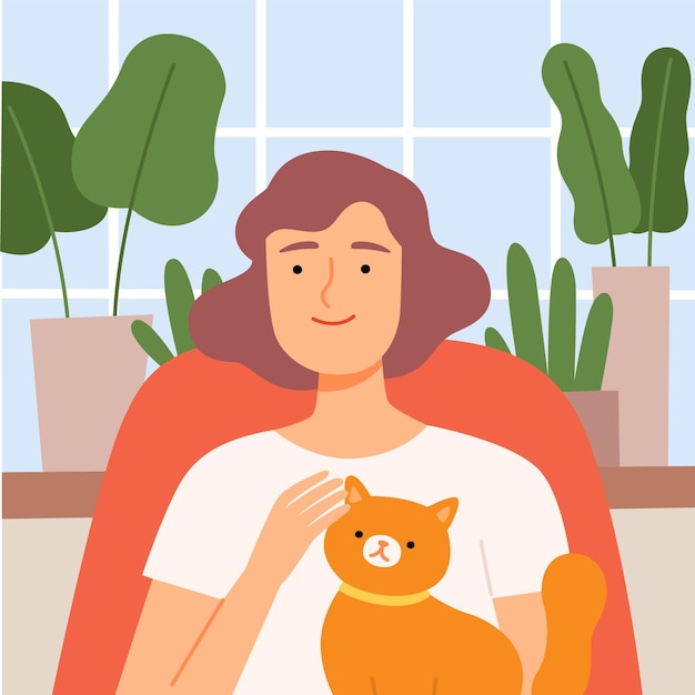 Mujer joven comunicándose en línea desde casa Video Call Girl con su gato Charlando con amigos o trabajando en línea durante la cuarentena o el aislamiento Ilustración vectorial de dibujos animados