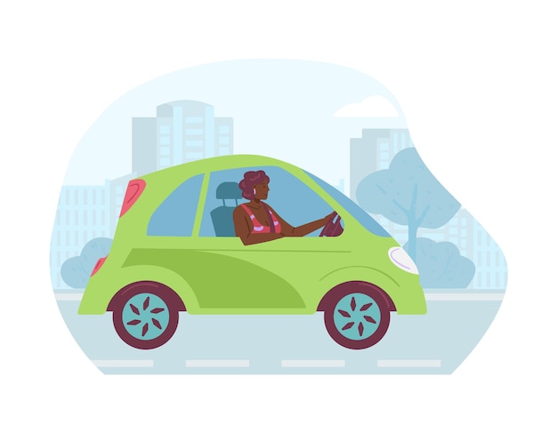 Mujer joven conduce un vehículo eléctrico ecológico en la ciudad una ilustración vectorial